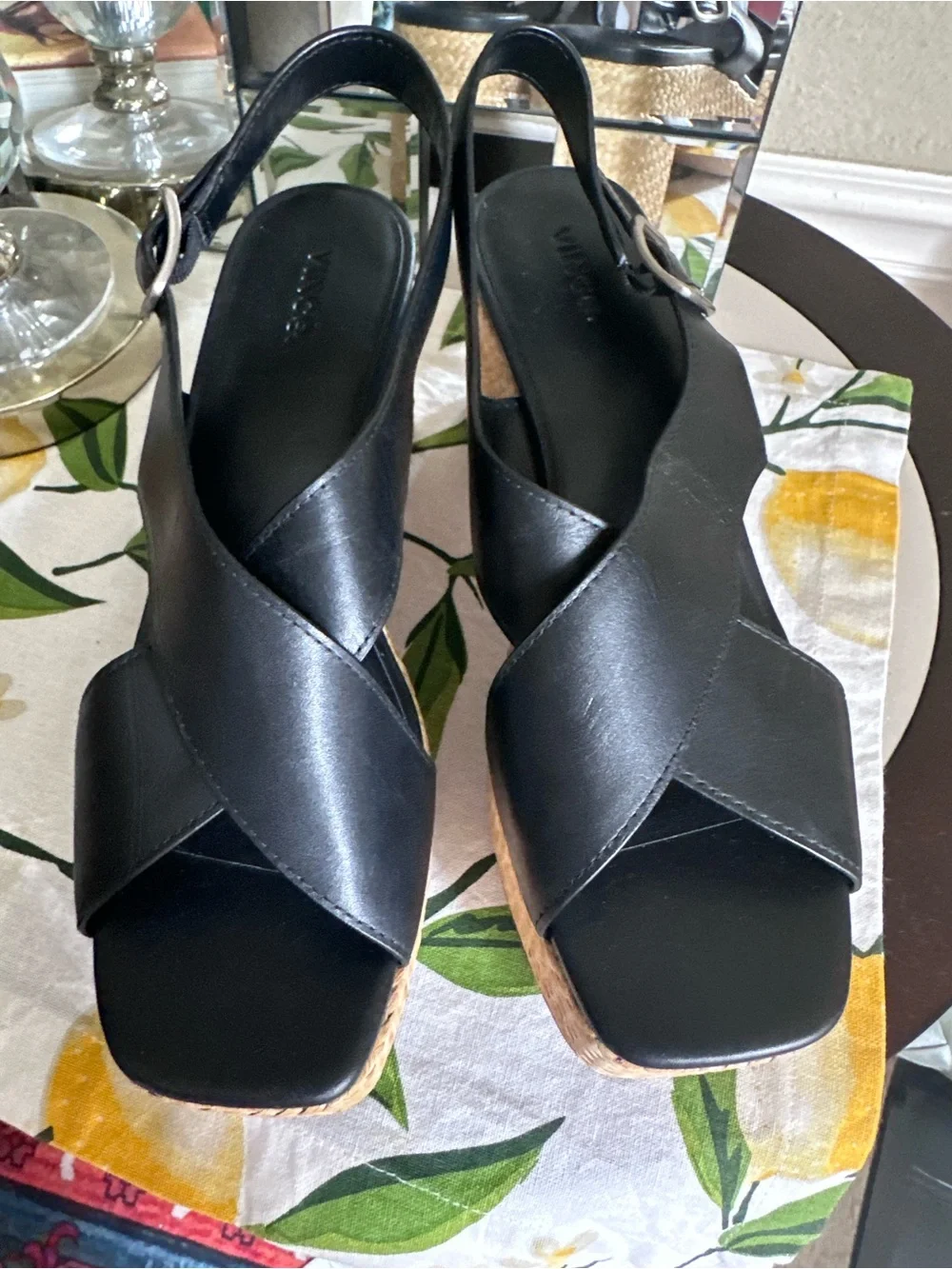 Vince Black Leather Crisscross Slingback Wedges